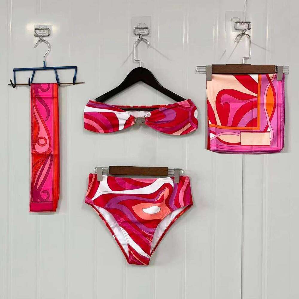 Classic Red Ribbon Scarf Strapless Bikini Sets with Designer Signature Letter Logo Luxury Design Women's Two-Piece Suits W260624