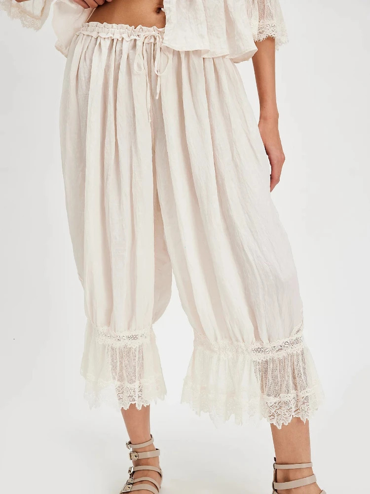 Womens Y2K Loose Fit Bloomers Cropped Pants Drawstring High Waist Floral Lace Patchwork Calf-Length Lantern Trousers 260622