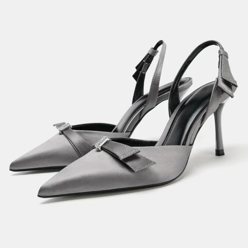 Rhinestone Decoration Womens Pumps Elegant Satin Back Strap Pointed Toe High Heels Comfortable Office Shoes Women 260624