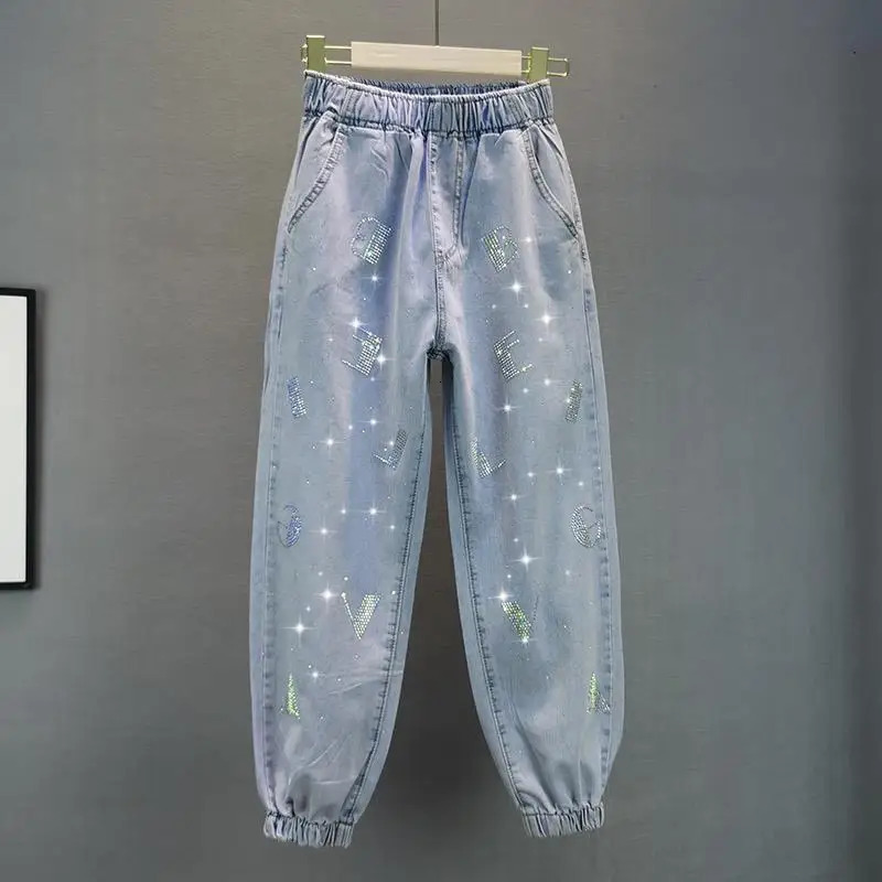 High waisted Jeans For Summer 2026 Loose Elastic waist pressed Diamond Pants Womens Casual Denim Trousers 260623