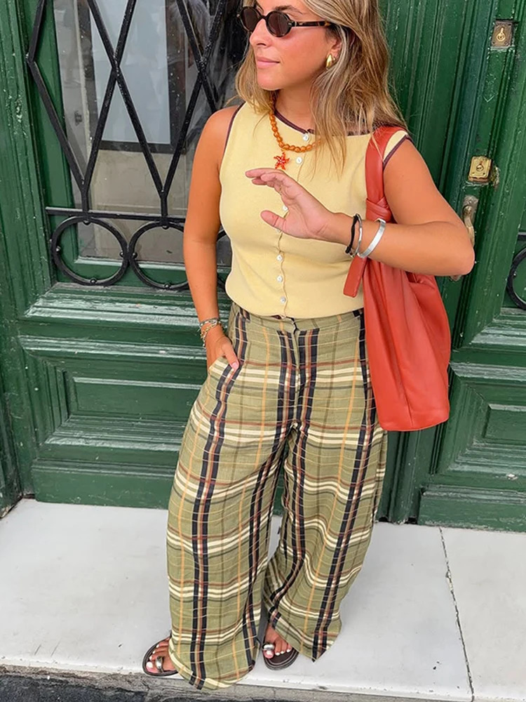 Casual Plaid Print Lace Up Bloomers Women Loose Elastic Waist Lantern Long Pants Autumn Lady Street Fashion Trousers 260623