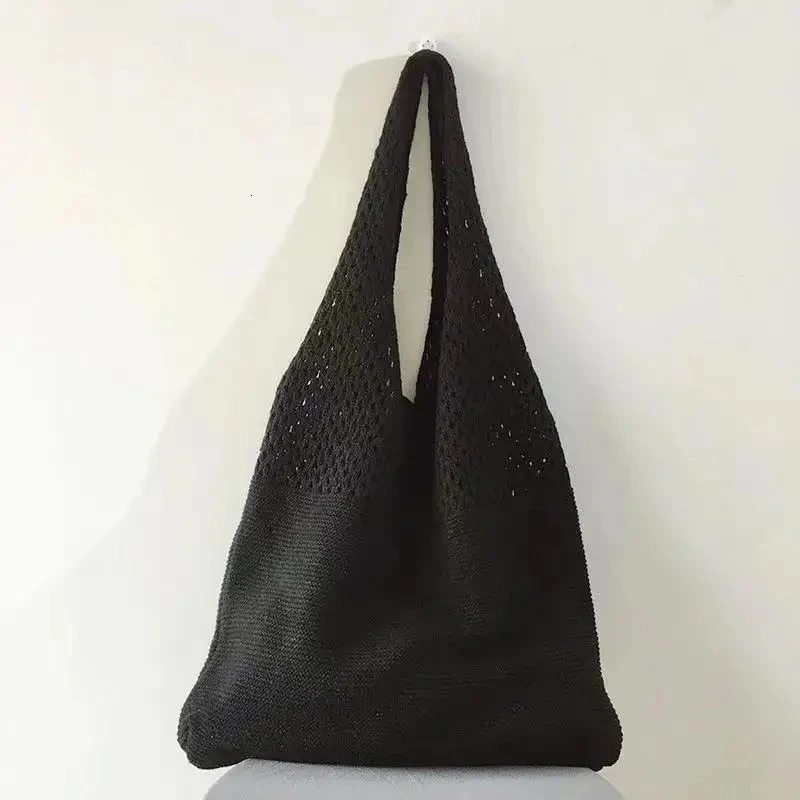 Trend Womens Bag Crochet Handbag Retro Knitted Braid Solid Color Hollow Black Khaki Top-handle Tote Bag Shopper 260623