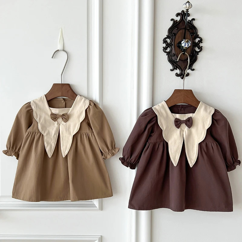 Autumn Baby Girls Dress Casual Bow Clothes Spring Korean Cotton Girls Princess Dress Big Turn Down Collar Dress Girls Clothes 260623