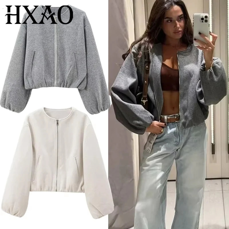 HXAO Outerwears Cropped Bomber Jacket Women Autumn Long Sleeve Faux Wool Coats For Woman Winter Zip Up Gray Beige Short Coats 260624