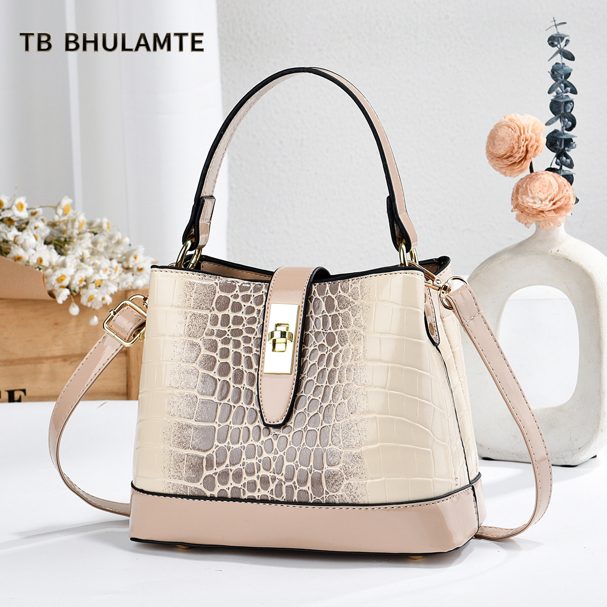 TB BHULAMTE 2026 New Shiny Crocodile Pattern Bucket For Women, Light Luxury Lacquer Leather Lock Clasp Handbag, Middle-Aged Mom's Shoulder Bag