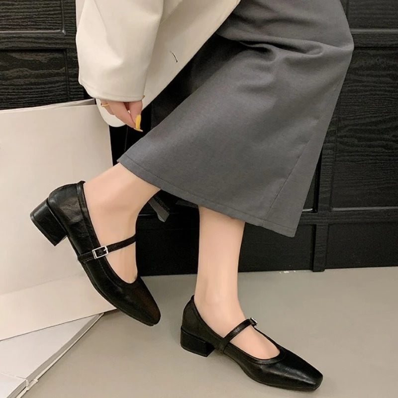 Womens Fashion Pumps Spring Autumn Mary Jane Women Square Toe Shallow Single Shoes Leather Dress Party Chunky Heels Shoes 260623