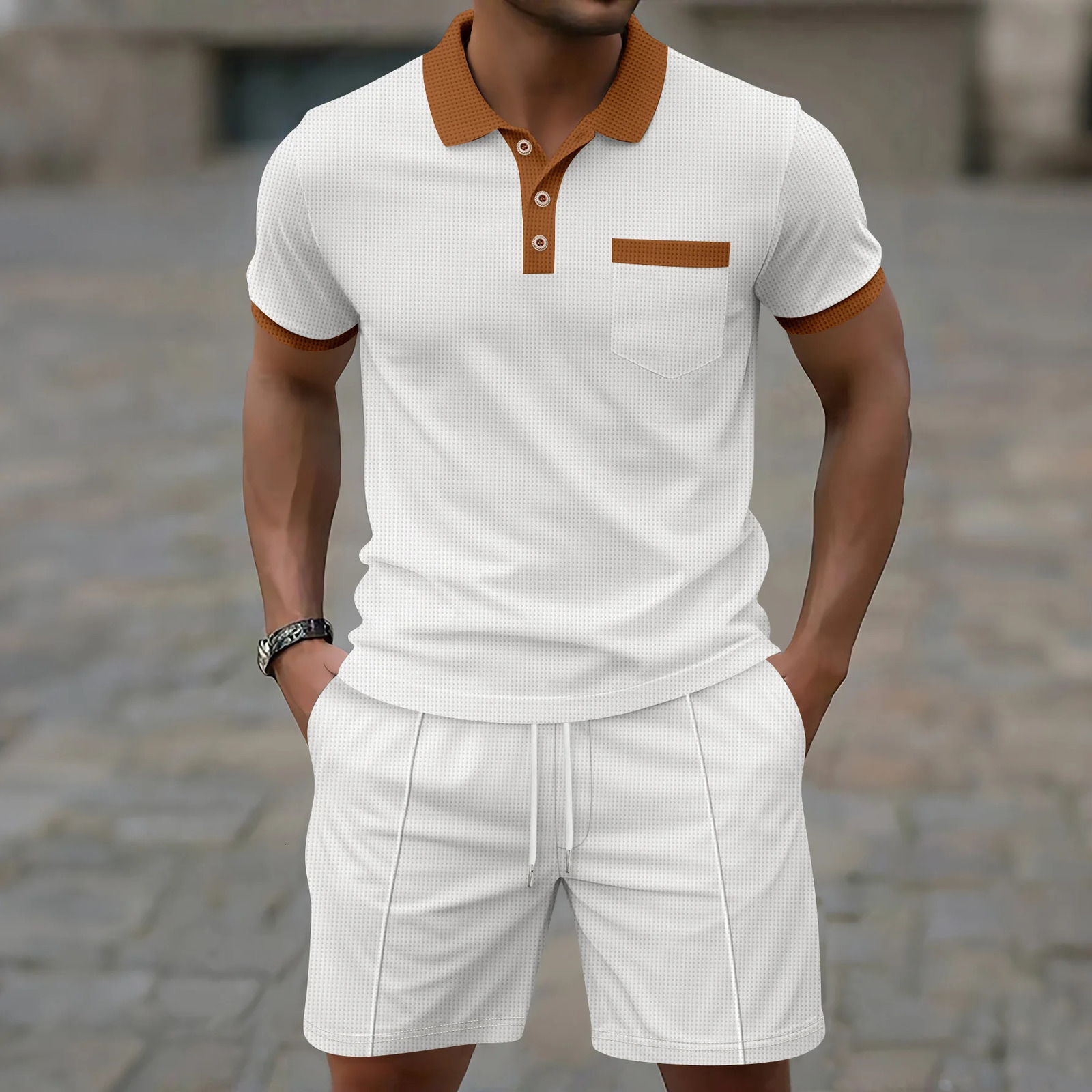 2026 Summer Mens Polo Shirt and Shorts Set Contrast Collar Dot Print 2 Piece Outfits Casual Streetwear Tracksuit for Men 260624
