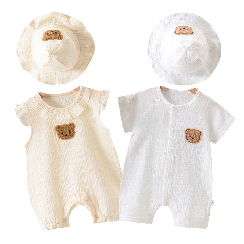2Pcs Baby Summer Jumpsuits Hat Set Bear Muslin born Romper for Boys Girls Clothes Toddler Onesie Infant Outfit Clothing 260623
