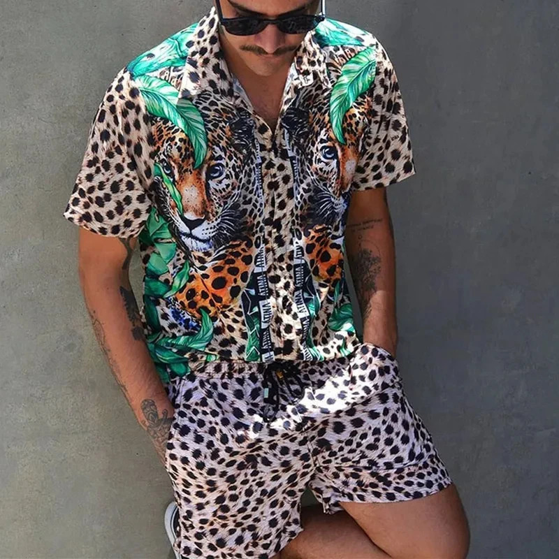 Summer Mens Fashion Leopard Print Short Sleeve Shirt And Shorts Set Beach Style T Breathable Two Piece 260624