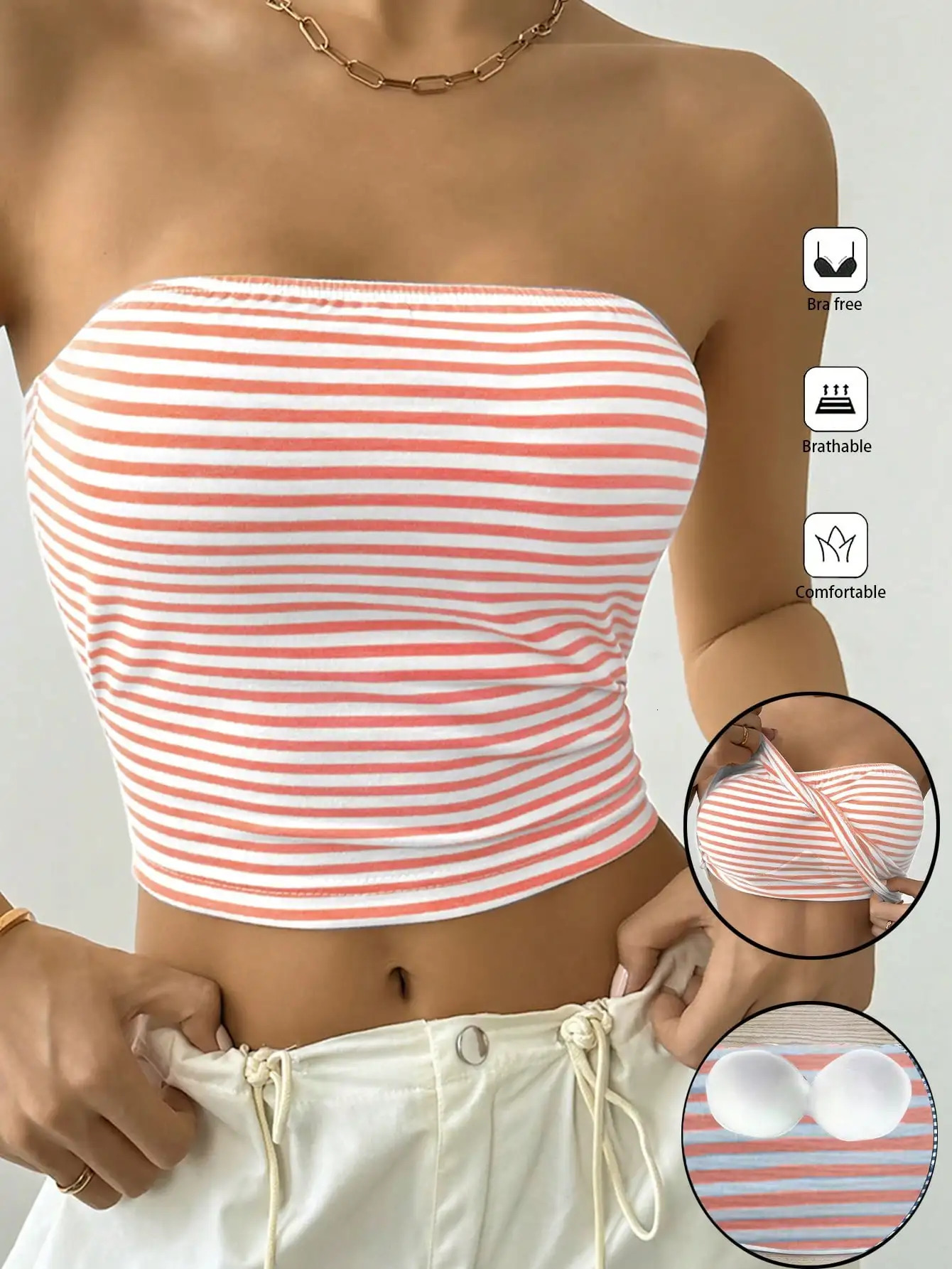 Chic Stripe Print Strapless Tube Top Builtin Pads Bra Free Comfortable Versatile Summer Casual 260616