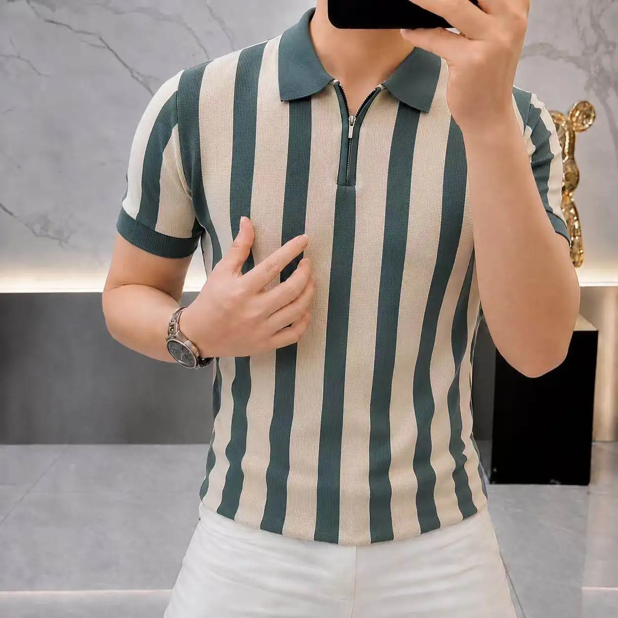 Mens Vertical Stripes Polo Shirts Summer Ice Silk Short Sleeve Knitted Polo Shirt Men Clothes 2026 Turn Down Collar Slim Fit 260623