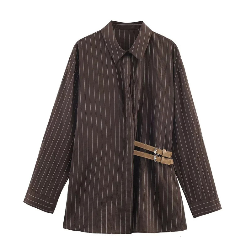 Womens Shirt Winter Style ReddishBrown Striped LongSleeve with Button Decor Loose Fit Stylish and Unique 260623