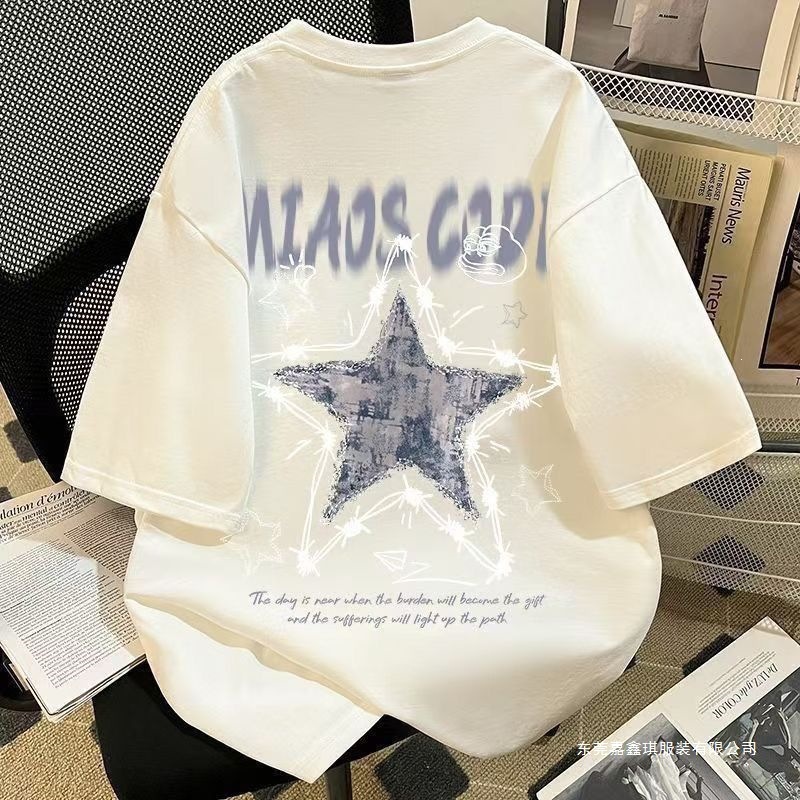 New American Style Star Printed Short Sleeve T Shirt Summer Unisex Round Neck Niche Korean Style Half Sleeve Top