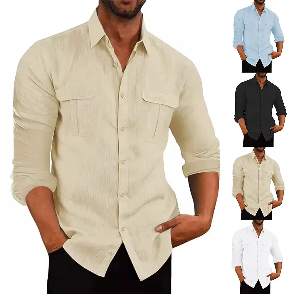 Mens Cotton Linen Material Shirt Double Pocket Casual Breathable Longsleeved Lapel Solid Colour Tops 260617