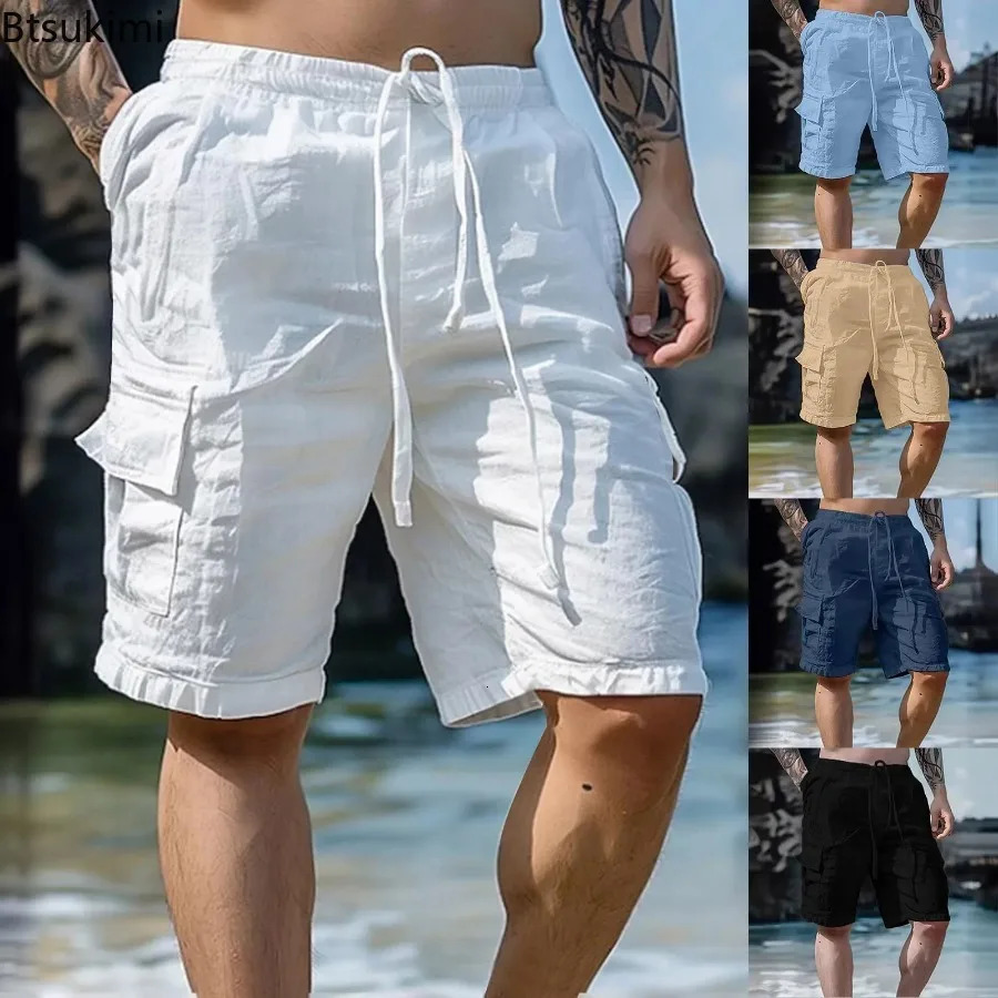 2026 Mens Summer Fashion Loose White Cargo Shorts Handsome Streetwear Beachwear Solid Color With Pockets Workout Pants 260624