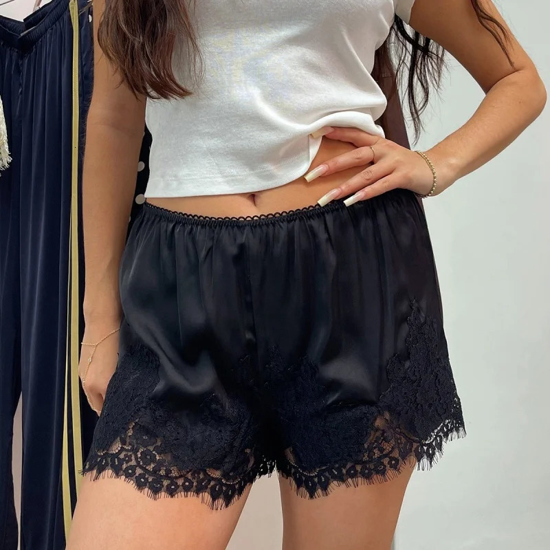 Women Black Lace Trim Slip Flowy Shorts Satin Elastic High Waist Patchwork Y2k Coquette Boxer Pettipants Knickers 260623
