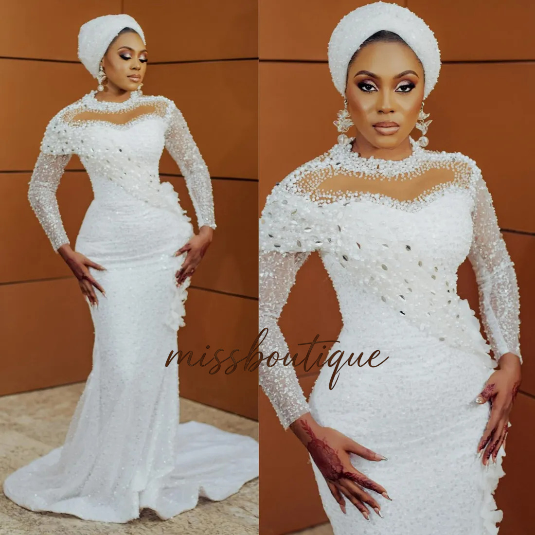 Size 2024 Plus Aso Ebi Mermaid Dresses Bridal Bride High Neck Sequin Lace Pearls Decorated Wedding Gowns For African Nigeria Black Women Girl Nw140