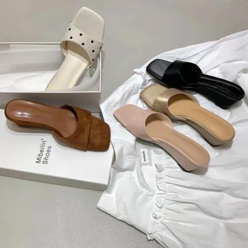 Soft Leather Gentle Wind Square Head Sandals High Heel Wedge Slippers Women Summer Outdoor Wear Toe Exposure High Heels 260624