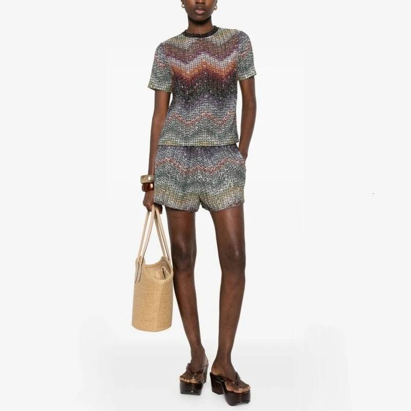 Fold Women Zigzag Knit Two Piece Set Short Sleeve Top Shorts Loose Fit Casual Daily Wear Breathable Summer Outfit New Arrival MAKOUFEI