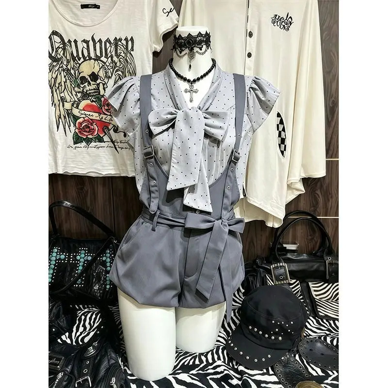 Japanese Vintage Short Sleeve Polka Dot Top Bud Hem Overall Shorts TwoPiece Set Women Casual Y2k Retro Sweet Slim Fitted 260623
