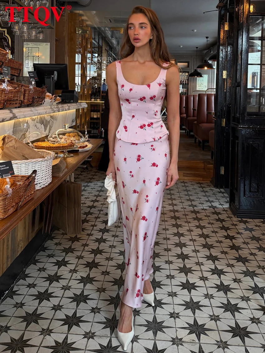 TTQV Summer Slim Print 2 Pieces Set For Woman 2026 Sexy Sleeveless Tank Top With High Waist Long Skirt Set Female Streetwear 260617