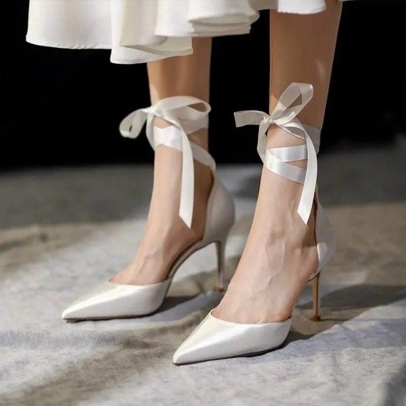 High Heels Womens Summer Elegant Goddess Style Crossed Strap Pointed Toe Roman Sandals Thin Heel Silk Surface 260624