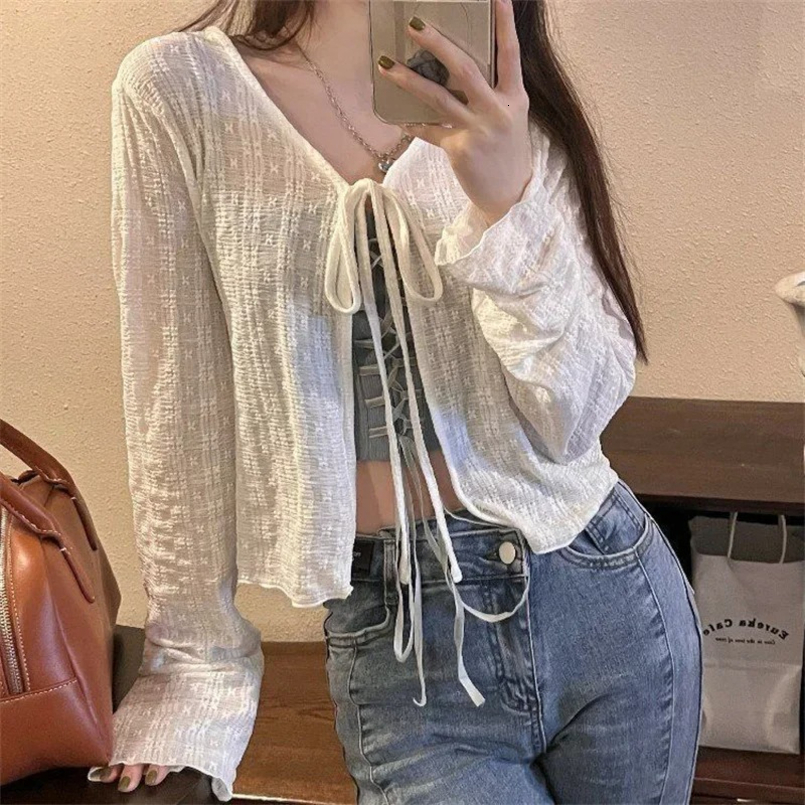 Womens Knitted Summer Top Thin Short Sleeve Bow n Korean Cardigan Fashion Casual Solid Color Sun Protection Y2k Blouse 260623