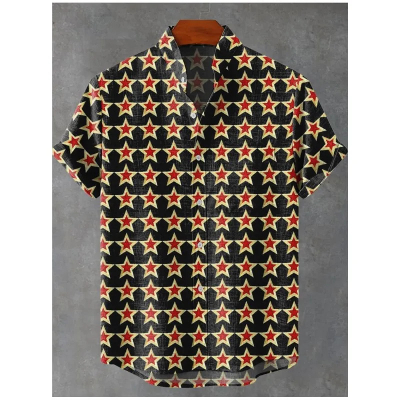 Mens Summer Geometric Line Pattern Star Decoration Pattern Linen Short Sleeved Shirt Comfortable And Casual mens Top 260623