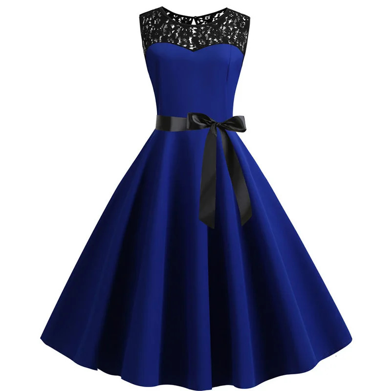 Blue Lace Patchwork Summer Dres Elegant Vintage Party Casual Office Ladies Work 260624