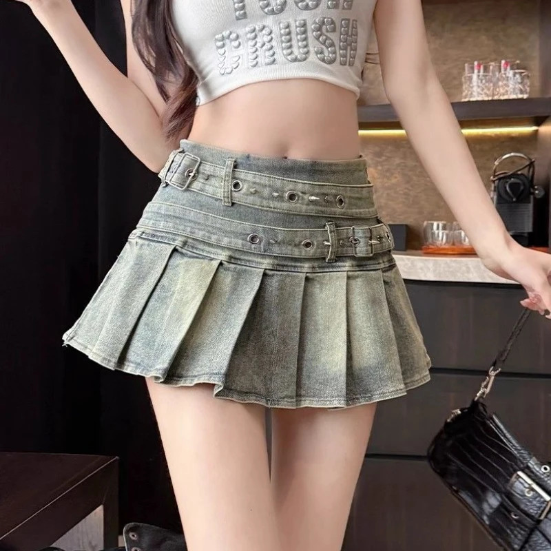 Deeptown Vintage Denim Skirt Women Sexy Spicy Girl Pleated Mini Punk Black Gothic Streetwear Short Jean Skirts Aesthetics 260617