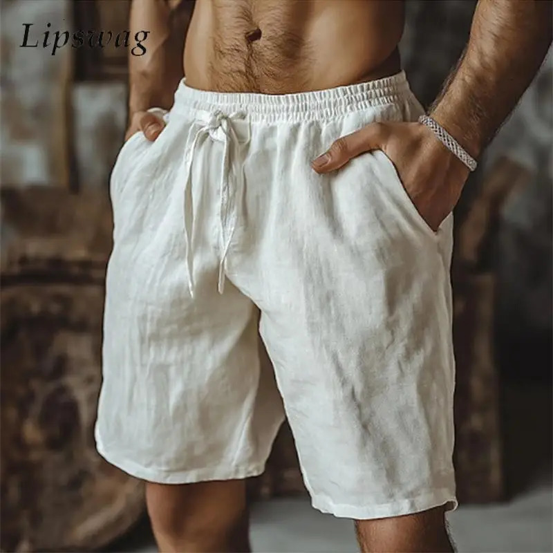 Stylish Solid Color Loose Straight Shorts Mens Summer Beach Casual Breathable Linen Shorts Vintage Lace-up Drawstring Men Shorts 260624