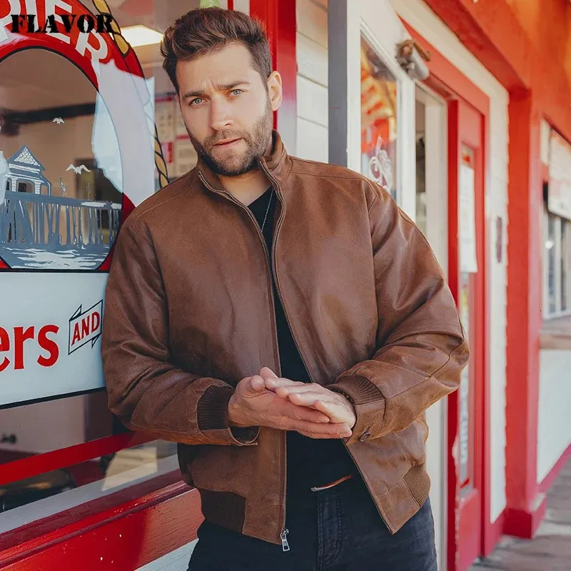 FLAVOR Mens Pigskin Leather Bomber Casual Jacket Stand Collar Leather Coat 260622