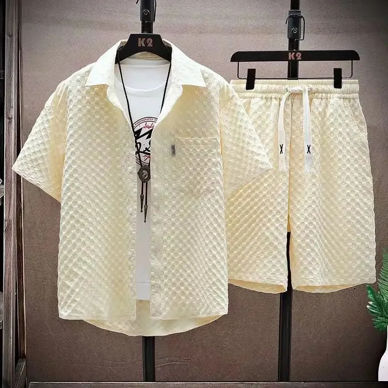 Mens Set High Quality Ice Silk Plaid Short Sleeved Lapel Shirt Shorts Twopiece for Men Korean y Casual Oversize Clothing 260624
