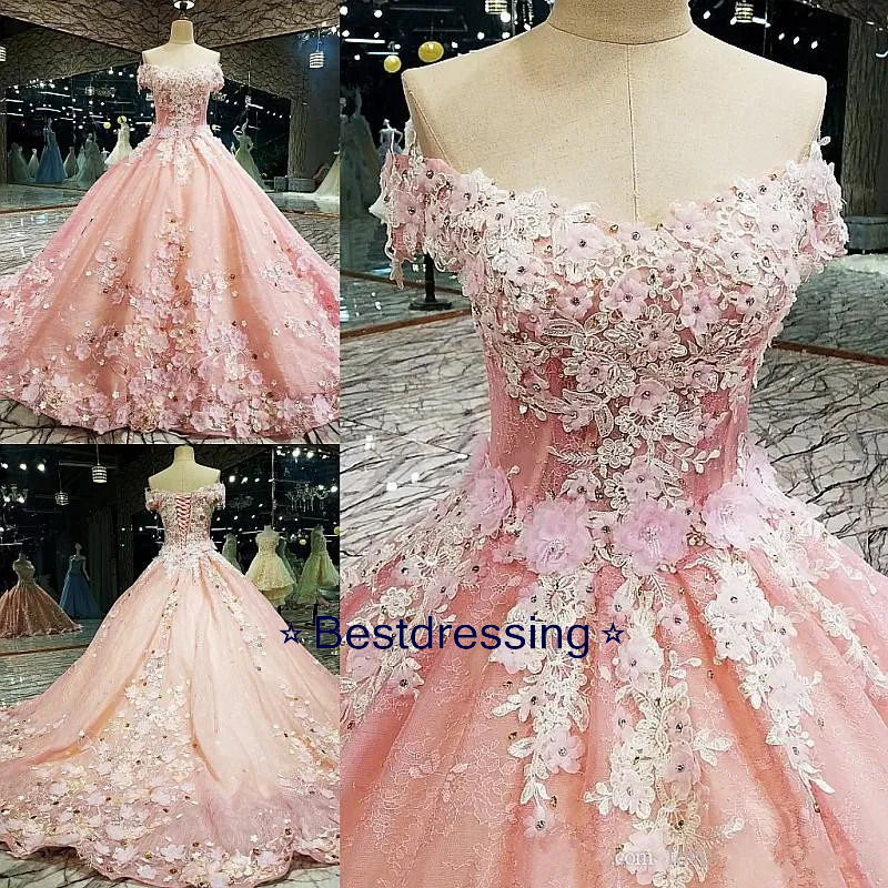 Luxury Pink Ball Gown Flower Prom Dresses Off The Shoulder Lace Appliqued Beads Dress Evening Wear Plus Size Abendkleider Formal Party Gowns Youmaig