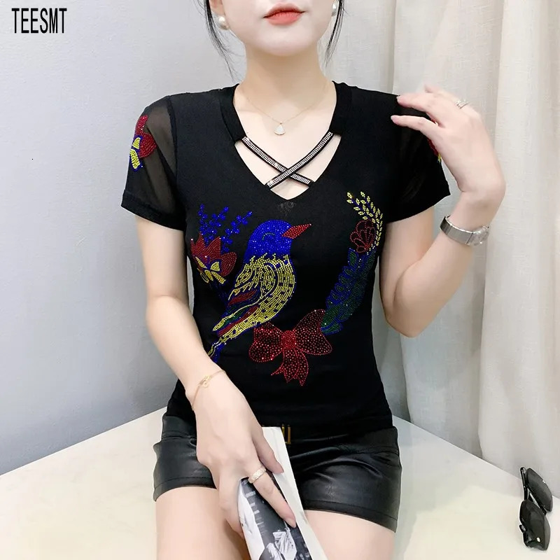 Summer Mesh T-Shirt Women Diamonds Slim Sexy Tops Elegant Hollow Out V-Neck Short Sleeve Korean Female Tees 260623