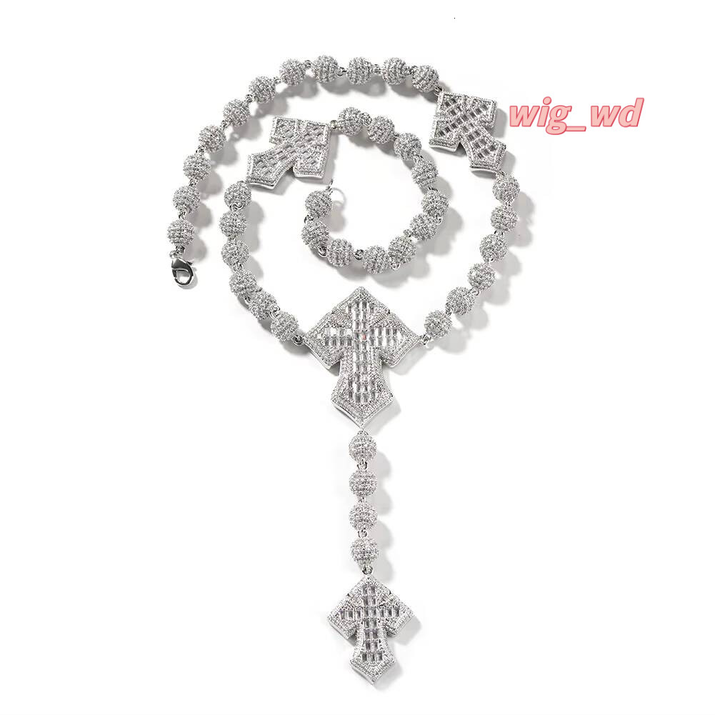 New Design Luxury Vintage Men's Hip Hop Jewelry Bling Zircon Iced Out Round CZ Beads Link Chain Cross Pendant Necklace