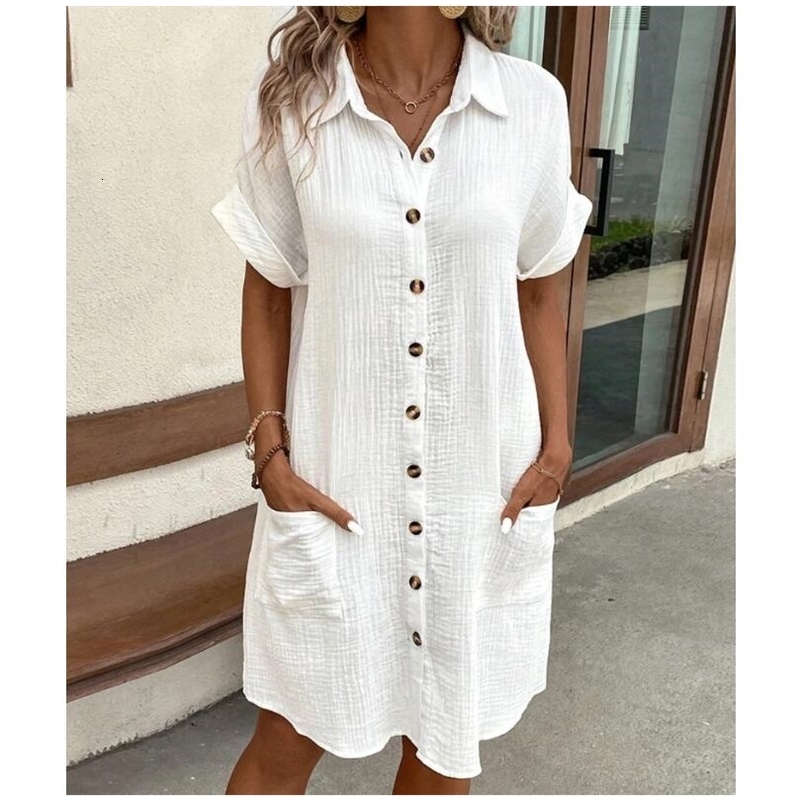 Summer Solid Simple Short Sleeve Shirt Dress Womens Turn-down Collar Single Breasted Casual Elegant Ladies Loose Dresses260601ww