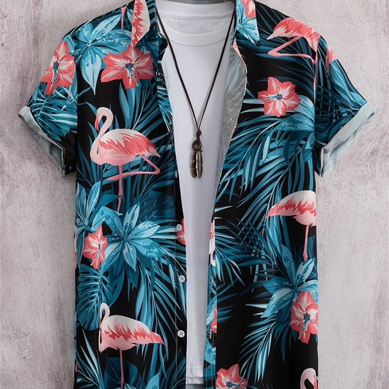 Hawaiian Shirt Men Fashion Flower Geometric Printed Blouse Single-breasted Beach Short SleeveTops Mens Holiday Clothing 260616BJ