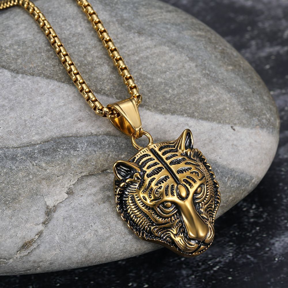 Men's Trendy Zodiac European And American Domineering Tiger Head Pendant Necklace, Vintage Punk Style Skull Hip-Hop