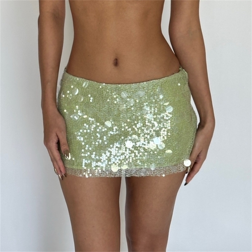 Puloru Sparkle Sequins Mini Skirt Summer Sexy Low Rise Wrap Bodycon Short Skirts for Women Ladies Party Night Clubwear 260623