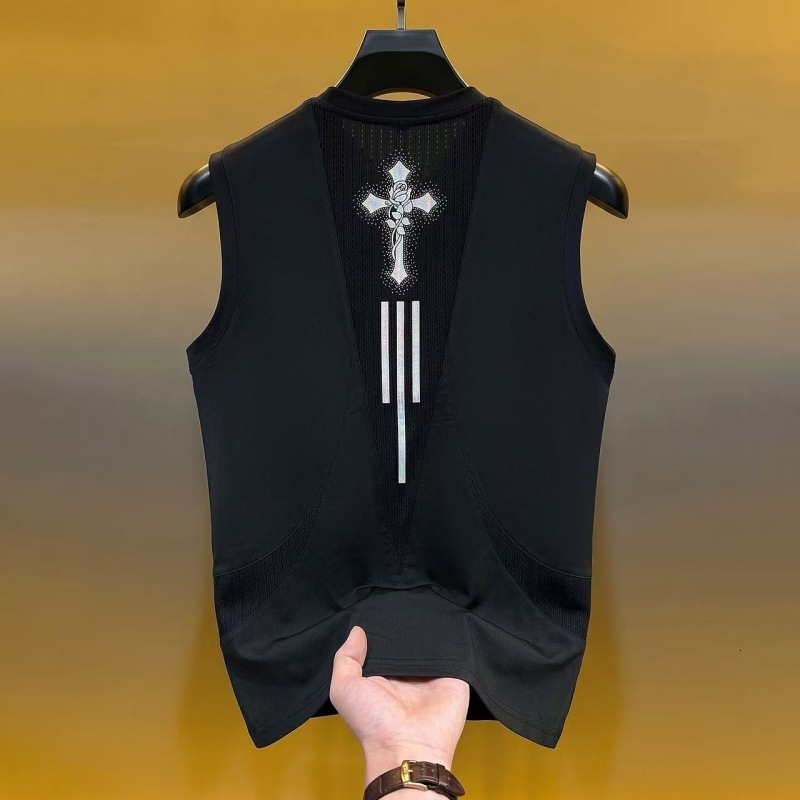 Men's Sleeveless Running Top, Silk Tank Shirt With Cross Graphic Print - Loose Fit Black Square Neck Sports Vest for Outdoor Summer Training, Exerci
