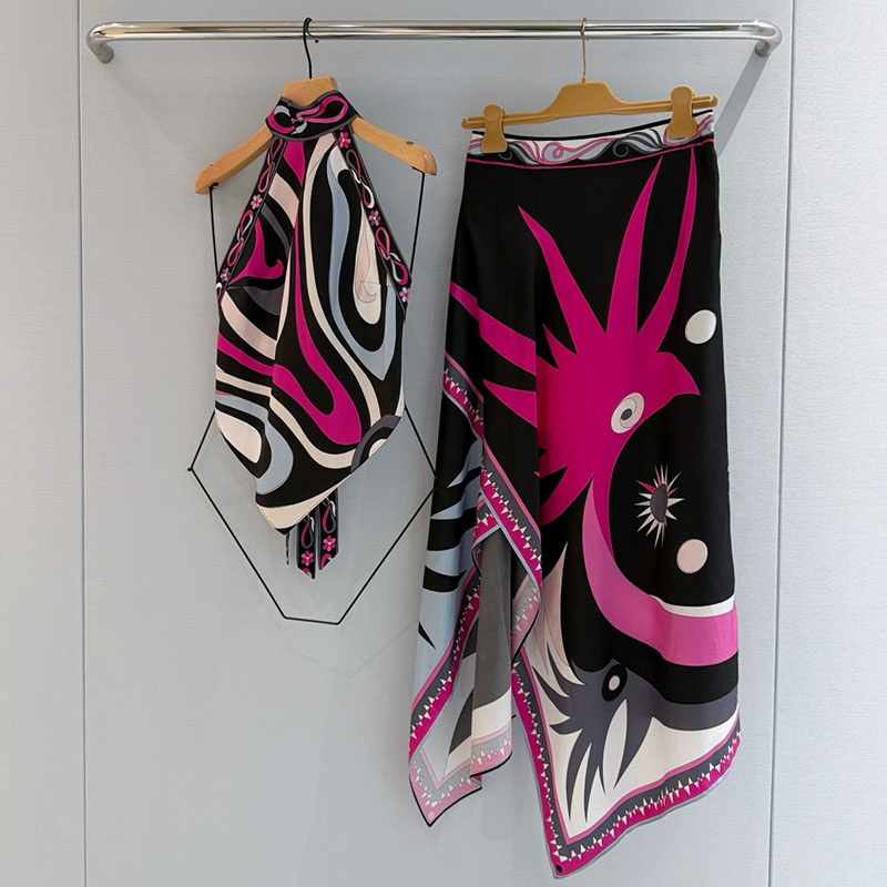 Women Abstract Print Tanks Scarf Halter Tops High Waist Midi Skirts Boho Vacation Outfits for Women