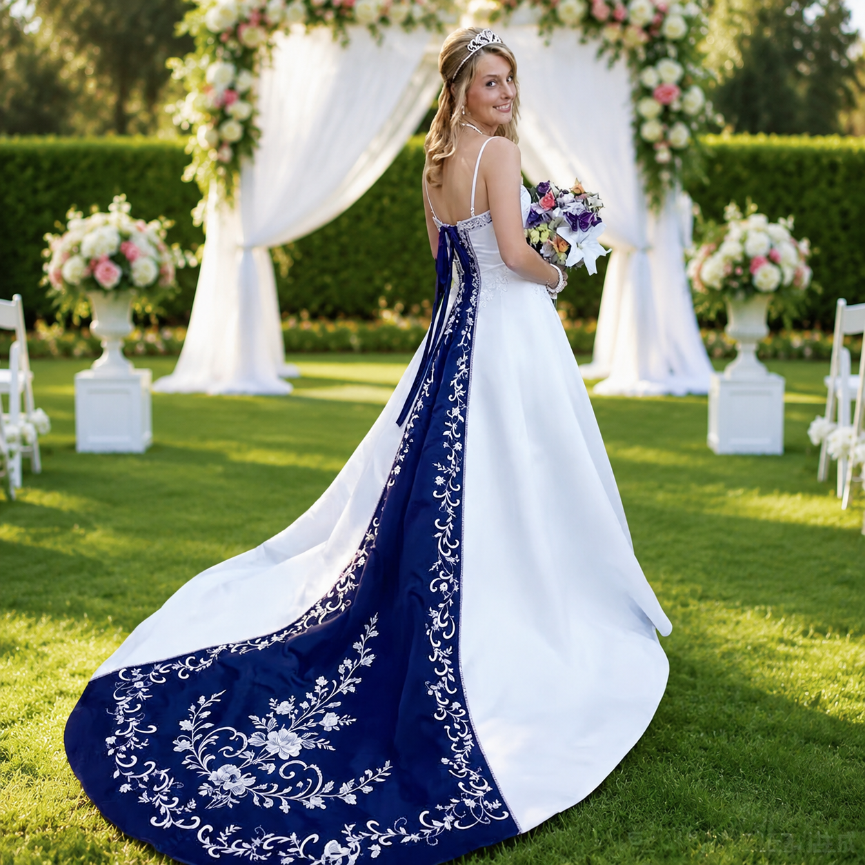 Elegant Embroidery Satin A-Line Wedding Dresses Royal Blue And White Spaghetti Straps Strapless Bridal Gowns Vintage Bride Formal Dress Custom Made