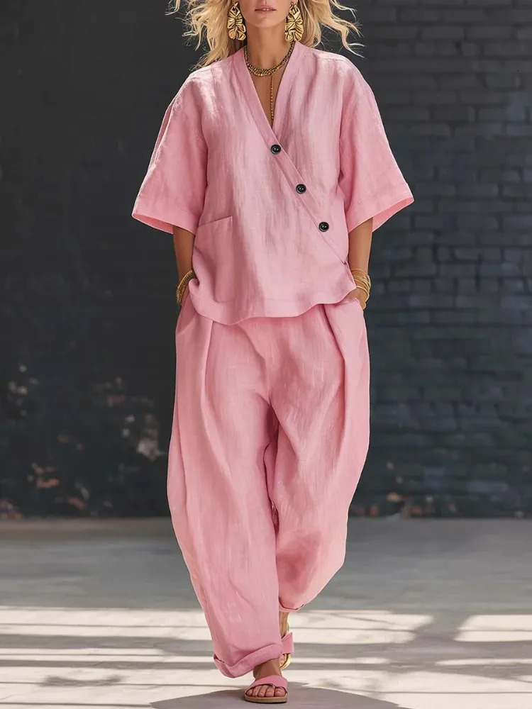 2026 Summer Fashion Womens Cotton and Hemp Set Vneck Half Sleeve Loose Commuter Casual Wide Leg Pants Two Piece 260623