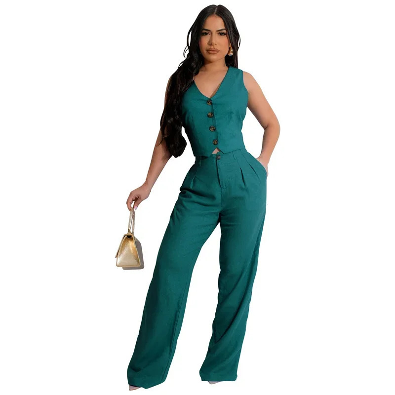Fashion Elegant Two Piece Set for Women Workwear Office Lady Sleeveless Vest Singlebreasted Top Wide Leg Pants Business Suit 260623