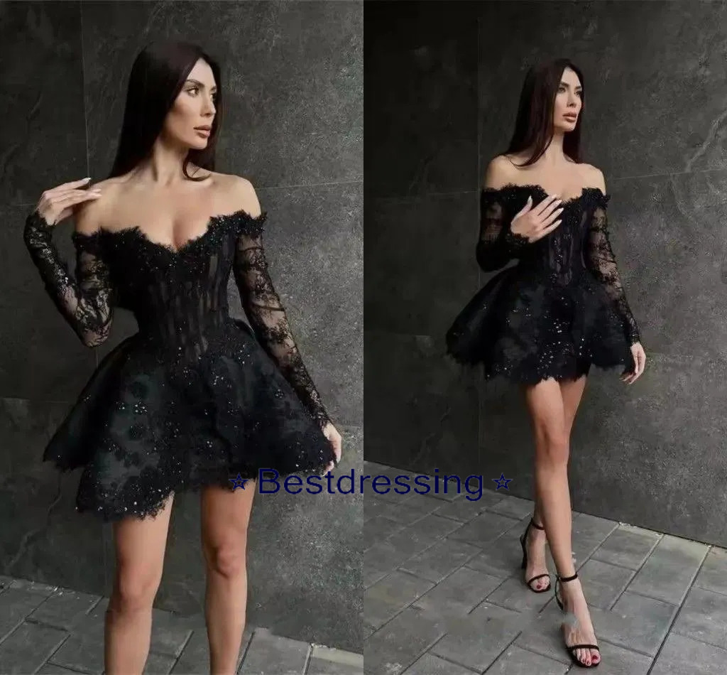 Cocktail Homecoming Dress Lace Long Sleeves Formal Party Ball Puff Princess Prom Dresses Evening Gowns Custom Made Bd624