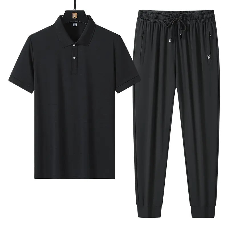 Summer Fashion Solid Color Ice Silk Breathable Short Sleeve Polo Shirt Set Mens Casual Loose Sports Plus Size TwoPiece 260624
