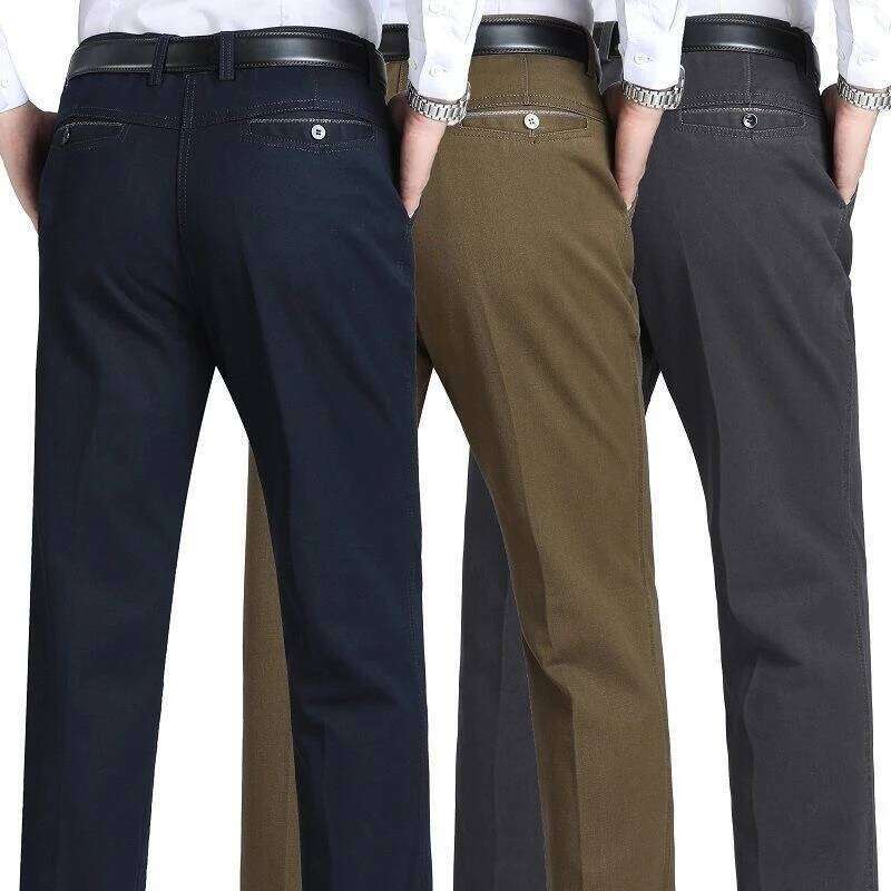 Men's Office Business 100% Cotton Pants Summer Thin & Autumn Thick High Waist Straight Loose Solid Bland Suit Slacks GOZBKF W260624