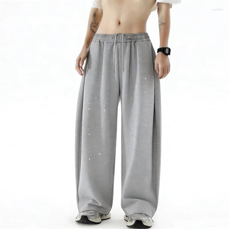 Men's Pants Autumn Waffle Rivet Design Casual Sweatpants For Men Y2K Streetwear Drawstring Straight Trousers Hip Hop Punk Baggy