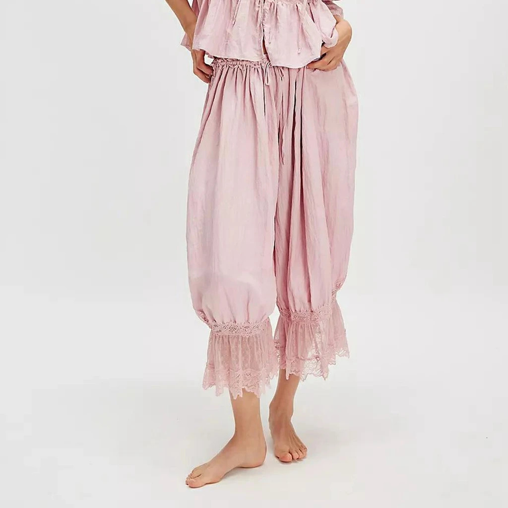 Womens Y2K Loose Fit Cute Bloomers Cropped Pants Drawstring High Waist Floral Lace Patchwork Calf-Length Lantern Trousers 260622